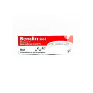 Benclin Gel 10g pack showing Clindamycin 1% and Benzoyl Peroxide 5% acne treatment gel