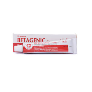 Betagenic Cream 15g tube and box by ATCO Laboratories, showing the red and white packaging used for skin treatment