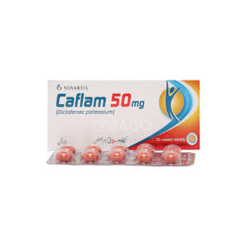 Caflam Tablets 50mg pack with blister strip containing red round tablets placed in front of the branded medicine box