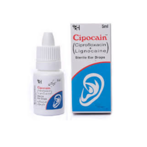 Cipocain Ear Drops 5ml bottle and packaging featuring Ciprofloxacin and Lignocaine sterile ear drops for ear infection relief