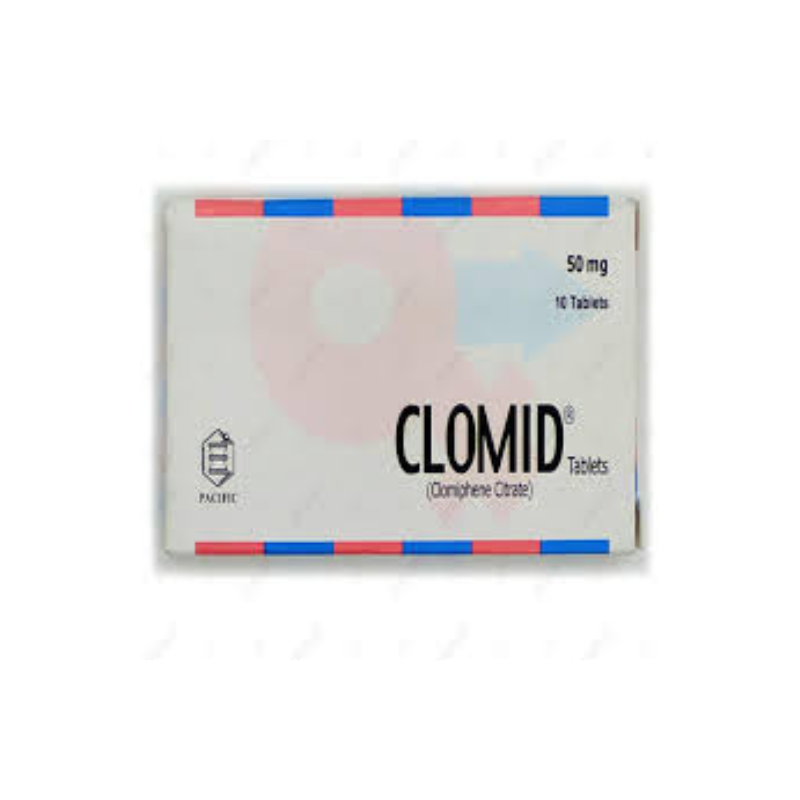 Clomid Tablets 50mg box showing the packaging of Pacific brand clomiphene citrate tablets, containing 10 tablets in a white box with blue and red border accents
