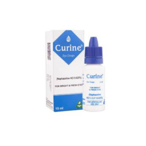 Curine Eye Drops 15ml bottle with blue cap placed beside its packaging box showing Naphazoline HCl 0.025% formula.