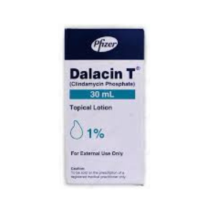 Dalacin T Lotion 30ml box showing Pfizer branded topical clindamycin phosphate 1% acne treatment.