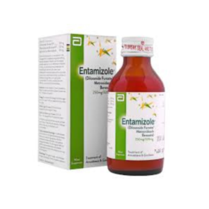 Entamizole Syrup bottle 90ml with green and white packaging box for diarrhea and intestinal infection treatment