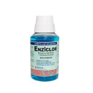 Enziclor MouthWash bottle with blue antiseptic mouthwash solution, showing product label containing benzidamine hydrochloride and chlorhexidine gluconate.