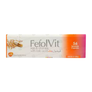 Fefol vit Capsules iron and vitamins with folic acid 56 spansule capsules by GSK, once a day supplement pack image with orange and white packaging.