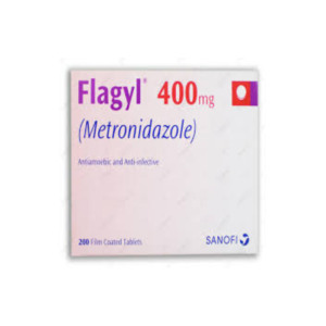 Flagyl Tablets 400mg (Metronidazole) box pack by Sanofi, 200 film coated tablets, antiamoebic and anti-infective medicine packaging.