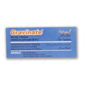 Gravinate Tablets 50mg (Dimenhydrinate B.P.) 100 tablets pack by SEARLE, used for motion sickness, nausea, vomiting, and dizziness, blue medicine box packaging.