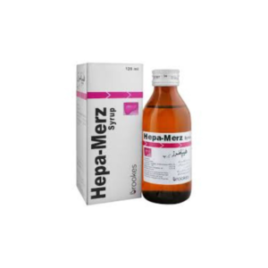 Hepa Merz Syrup 120ml bottle and packaging showing the Brookes branded liver health syrup in an amber bottle with white and pink label, placed beside its box displaying the Hepa-Merz Syrup branding.