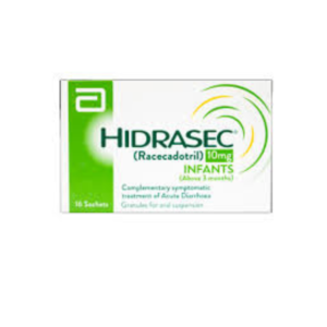 Hidrasec Sachets 10mg (Racecadotril) for infants, box pack of 16 sachets used for complementary symptomatic treatment of acute diarrhea in children above 3 months.