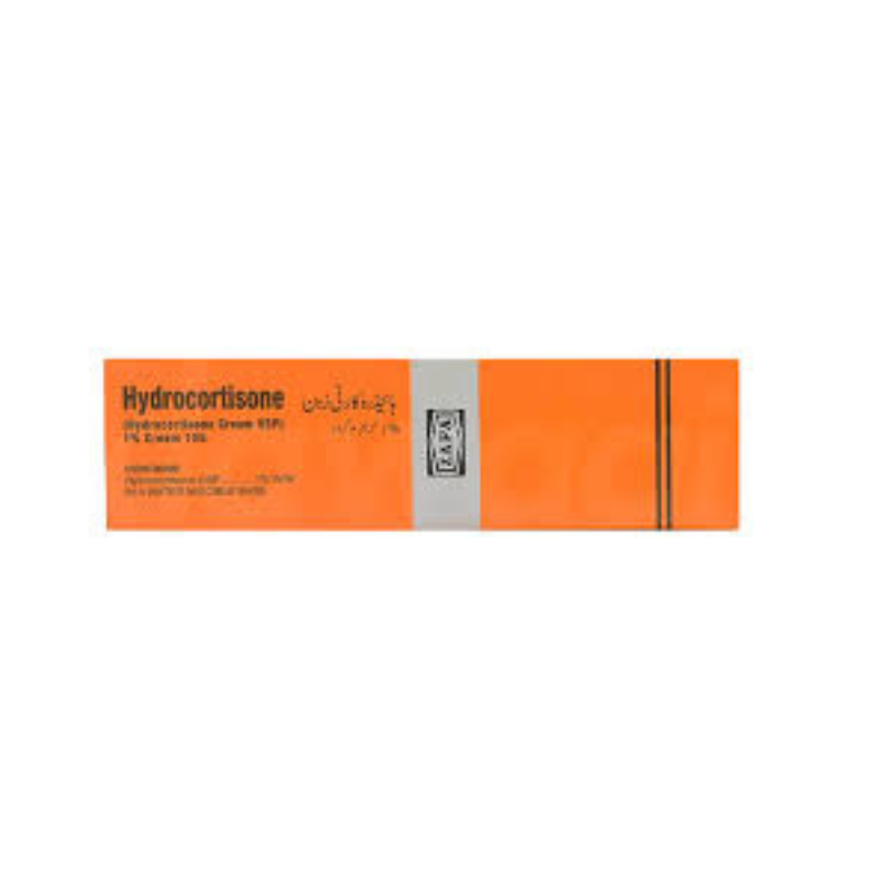 Hydrocortisone Cream 10g pack front view showing orange packaging and product label for anti-inflammatory skin treatment.