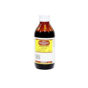 Hydryllin Syrup 120ml cough syrup bottle with yellow label and white cap isolated on white background