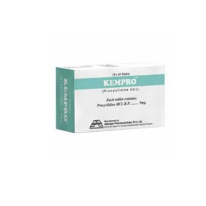 Kempro Tablets 5mg pack showing Procyclidine HCl medication by Adamjee Pharmaceuticals