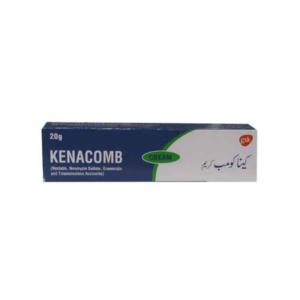 Kenacomb Cream 20g box showing product packaging with Nystatin, Neomycin Sulfate, Gramicidin, and Triamcinolone Acetonide by GSK.
