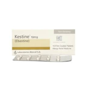 Kestine Tablets 10mg pack showing Ebastine allergy relief medicine with blister strip from Laboratorios Almirall S.A.