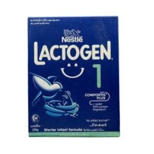 Lactogen 1 starter infant formula by Nestlé in blue box packaging, 200g pack with Comfortis Plus formula and no added sucrose, designed for newborn babies.
