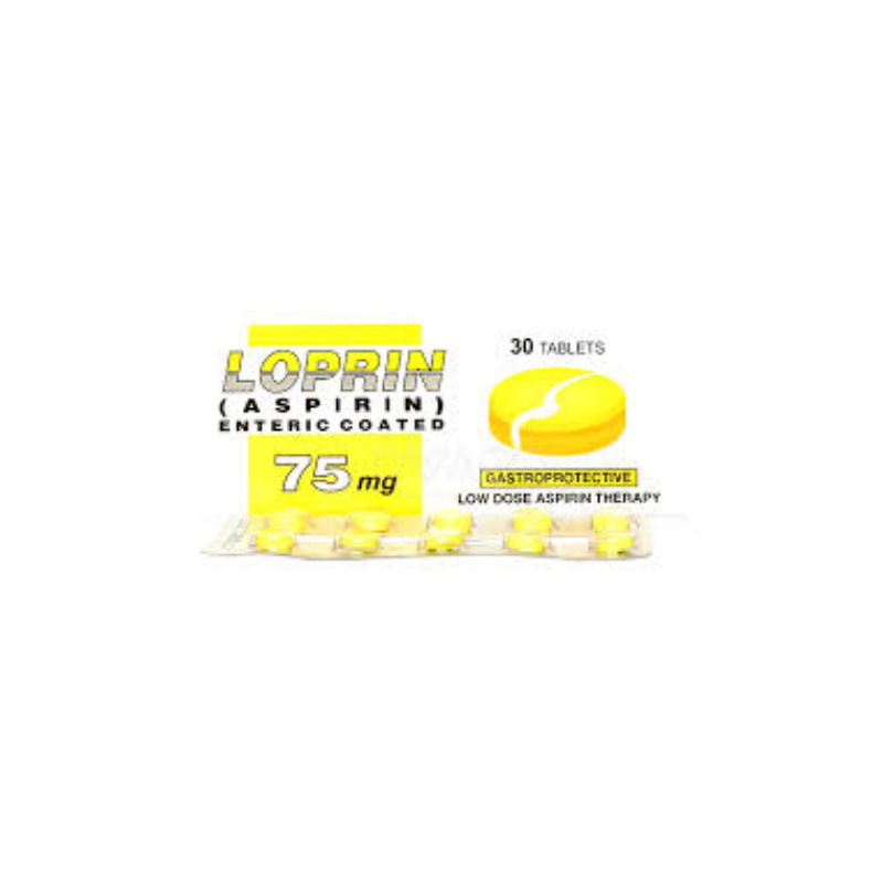 Loprin Tablets 75mg pack showing enteric-coated aspirin tablets, yellow blister pack, and product box labeled 30 tablets for low-dose aspirin therapy.