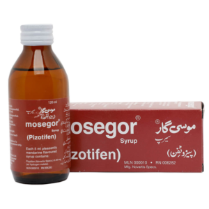 Mosegor Syrup 120ml (Pizotifen) bottle packaging for migraine prevention in Pakistan
