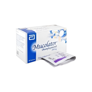 Mucolator Sachets 200mg box with individual acetylcysteine sachet displayed in front, showing Abbott-branded packaging in white and blue.