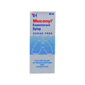 Muconyl Syrup 60ml expectorant sugar-free packaging for relief of bronchospasm and chest congestion