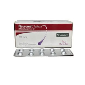 Neuromet Tablets 500 mcg pack with Mecobalamin JP supplement showing blister strip and product box by Martin Dow.