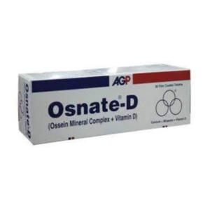 Osnate D Tablets box showing Ossein Mineral Complex with Vitamin D supplement packaging for calcium and bone health.