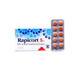 Rapicort Tablets 5mg pack showing Prednisolone 5mg box with blue design and a blister pack of orange tablets.