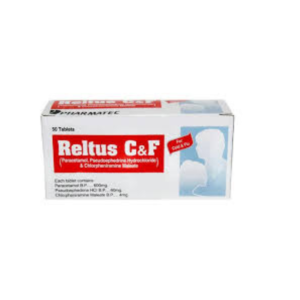 Reltus C&F Tablets pack – Paracetamol, Pseudoephedrine Hydrochloride aur Chlorpheniramine Maleate wali cold & flu medicine ka box.