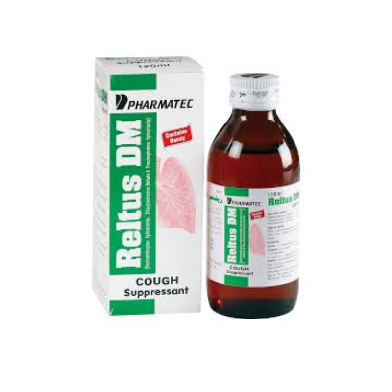 Reltus DM Syrup 120ml bottle and packaging by Pharmatec, cough suppressant medicine for relief from cough and throat irritation.