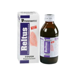 Reltus Syrup 120ml bottle and box by Pharmatec, cough expectorant medicine displayed against a white background.