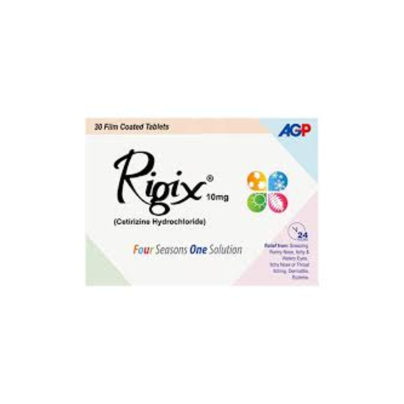 Rigix Tablets 10mg pack showing AGP branded antihistamine Cetirizine Hydrochloride tablets, designed for allergy relief with four seasons icons displayed on the packaging
