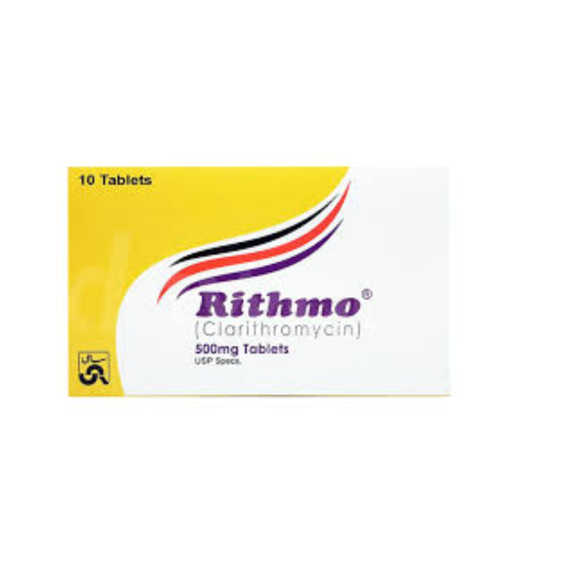 Rithmo Tablets 500mg (Clarithromycin) 500mg pack of 10 tablets with yellow and white packaging design.