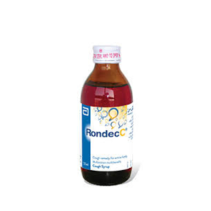 Rondec Syrup 120ml in an amber bottle with a white and blue label, showing the Abbott logo and used for cough relief.