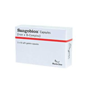 Sangobion Capsule iron and B-complex supplement box pack by Martin Dow containing 3 x 10 soft gelatin capsules.