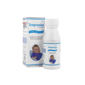 Tempramine Suspension 60ml bottle and packaging box, showing mulberry apricot flavor medicine for relieving cold and fever in children, with a baby image on the front.