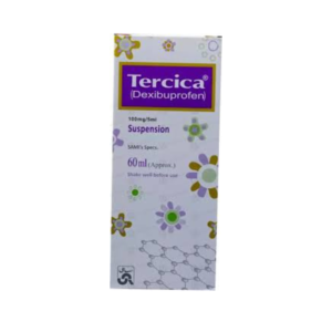 Tercica Syrup 60ml (Dexibuprofen) suspension box with product branding, dosage details, and floral design on the packaging