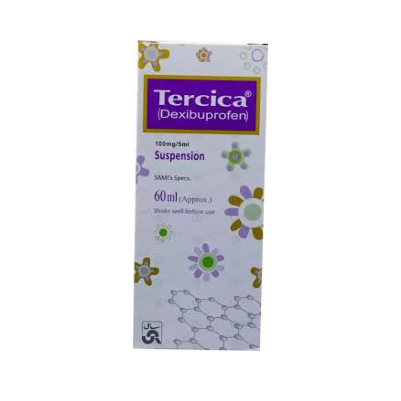Tercica Syrup 60ml (Dexibuprofen) suspension box with product branding, dosage details, and floral design on the packaging