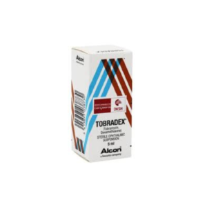 Box of Tobradex Eye Drop 5ml by Alcon, featuring blue and brown diagonal stripes and labeled as a sterile ophthalmic suspension