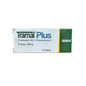 Tramal Plus Tablets box containing Tramadol HCl 37.5mg and Paracetamol 325mg, 10 tablets pack by Searle with white and green packaging.
