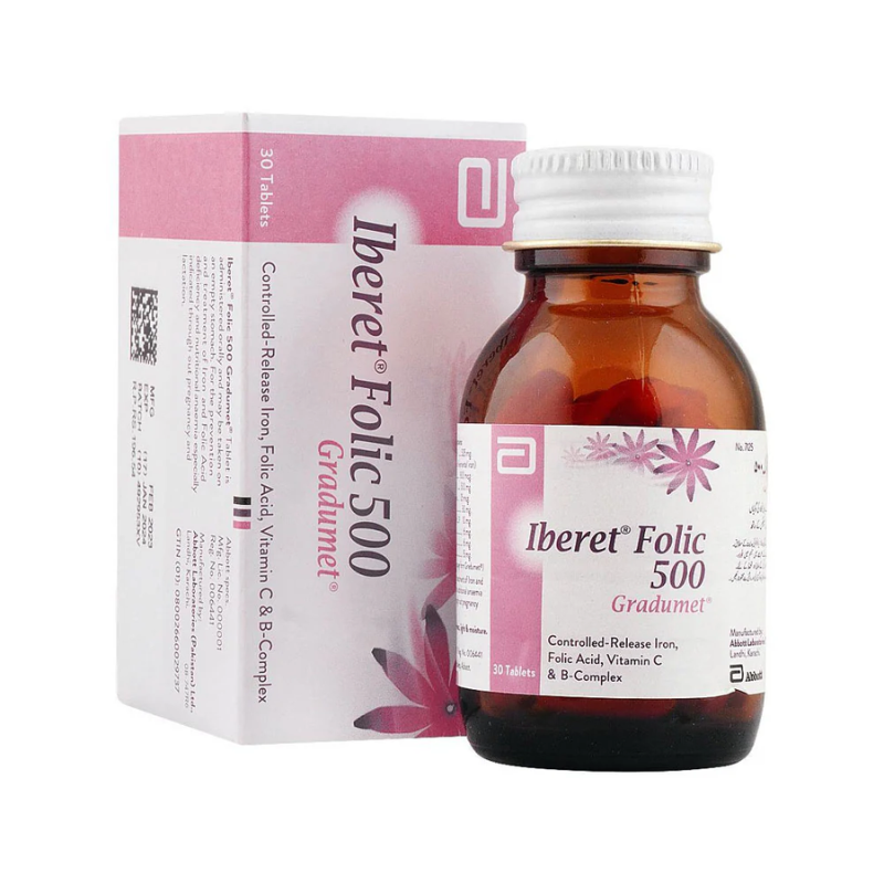 Iberet Folic 500 Gradumet tablets bottle and box