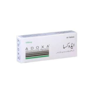 Adoxa Tablet 100mg doxycycline hyclate 30 tablets medicine box packaging on white background