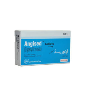 Angised Tablets 0.5mg (Glyceryl Trinitrate) box pack by GSK, blue and white packaging, used for relief of angina chest pain.