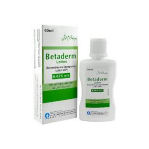 Betaderm Lotion 60ml bottle and box containing Betamethasone Dipropionate 0.05% w/v topical lotion for external skin use.