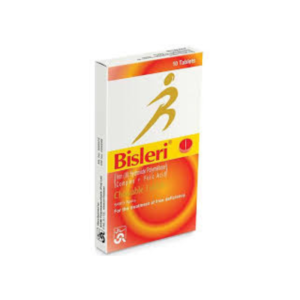 Bisleri Tablet pack showing iron and folic acid supplement box with orange and white design, featuring a running figure icon and labeled 10 tablets.