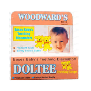 Doltee Drops 10ml teething drops by Woodward’s for babies, packaging showing a smiling baby and text “eases baby’s teething discomfort” with safety sealed bottle and pleasant taste label.