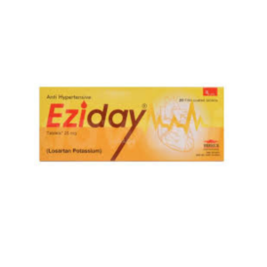 Eziday Tablets 25mg (Losartan Potassium) anti-hypertensive medicine box, yellow and orange packaging with heart graphic, 20 film-coated tablets.