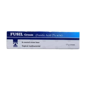 Fusil Cream (Fusidic Acid 2% w/w) 15g topical antibacterial skin cream box packaging.