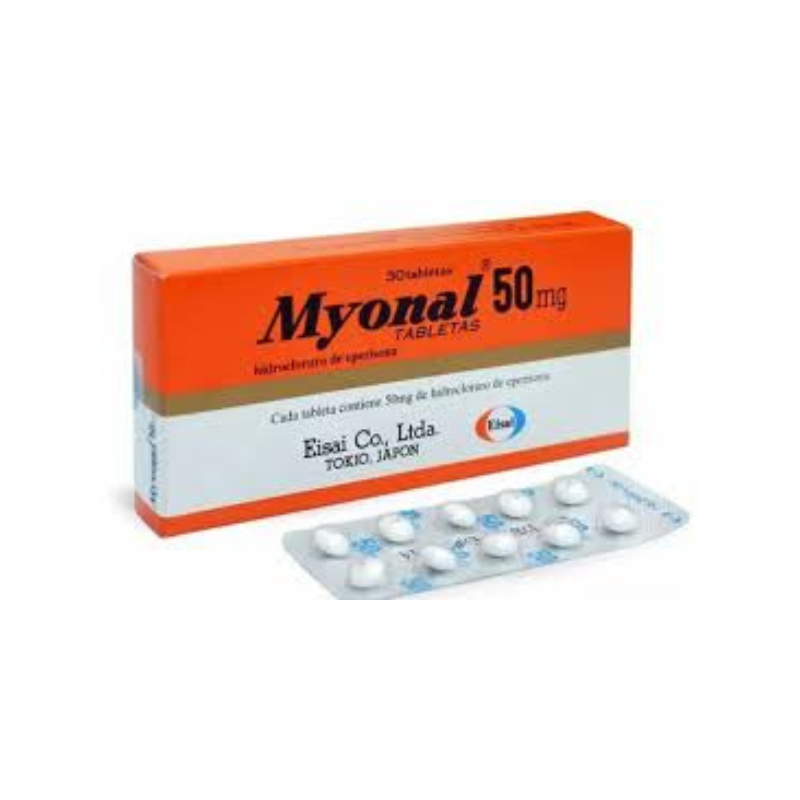 Myonal Tablets 50mg pack showing an orange and white box with blister pack, a muscle relaxant manufactured by Eisai Co. Ltd.
