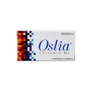 Oslia Capsules 200,000 IU Vitamin D3 softgel capsule box with colorful pixel design on the left side.