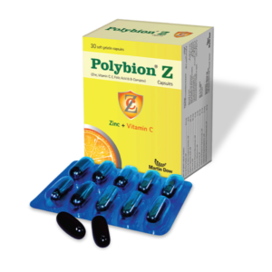 Polybion Z capsules blister pack with box showing Zinc and Vitamin C supplement
